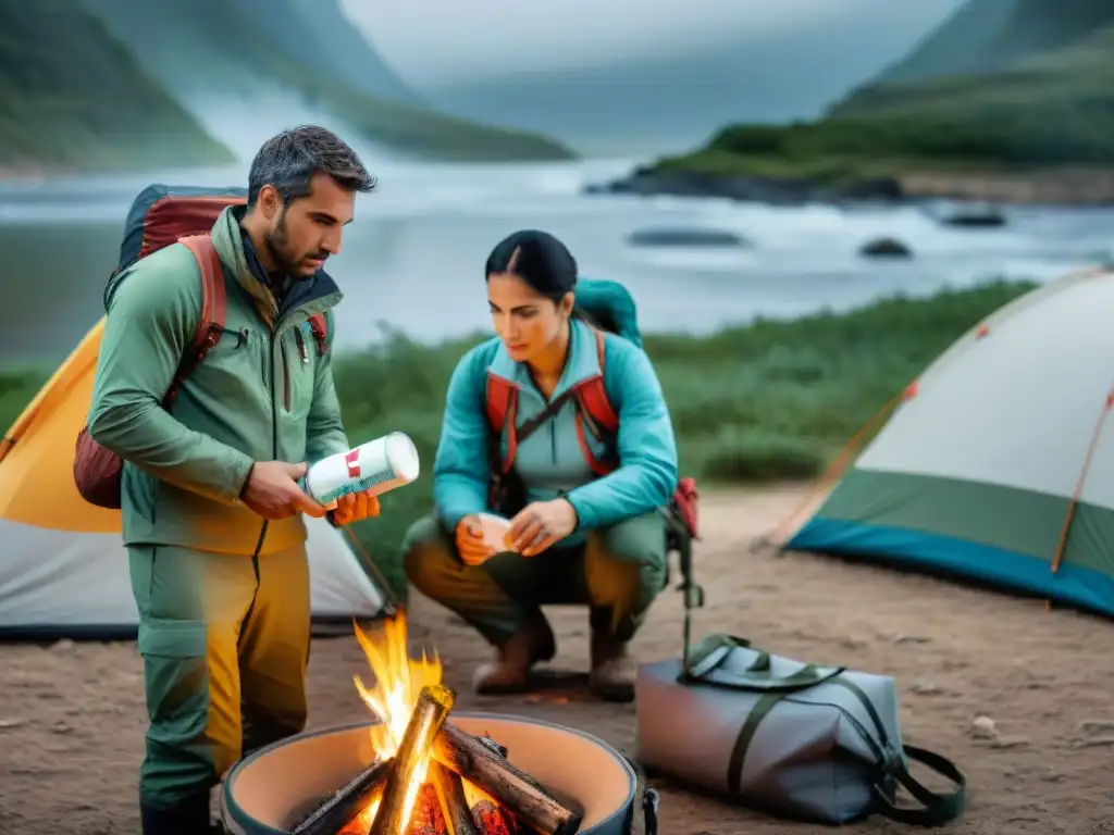 Grupo diverso de campistas en Uruguay alrededor de fogata, demostrando uso de kits primeros auxilios camping Uruguay