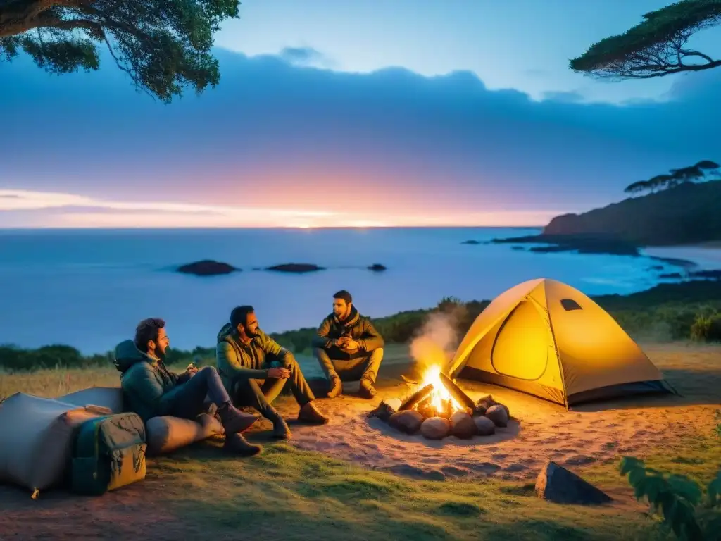 Grupo diverso de campistas alrededor de fogata en campamento en Uruguay al anochecer