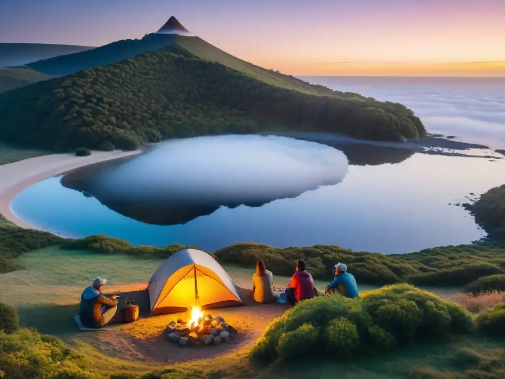 Grupo diverso de campistas comparten historias alrededor de una fogata en un campamento en Uruguay al atardecer