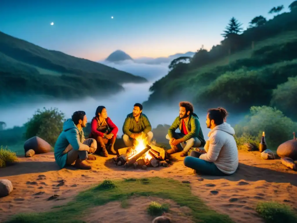 Grupo diverso de campistas compartiendo historias y tradiciones locales alrededor de fogata en bosque uruguayo estrellado