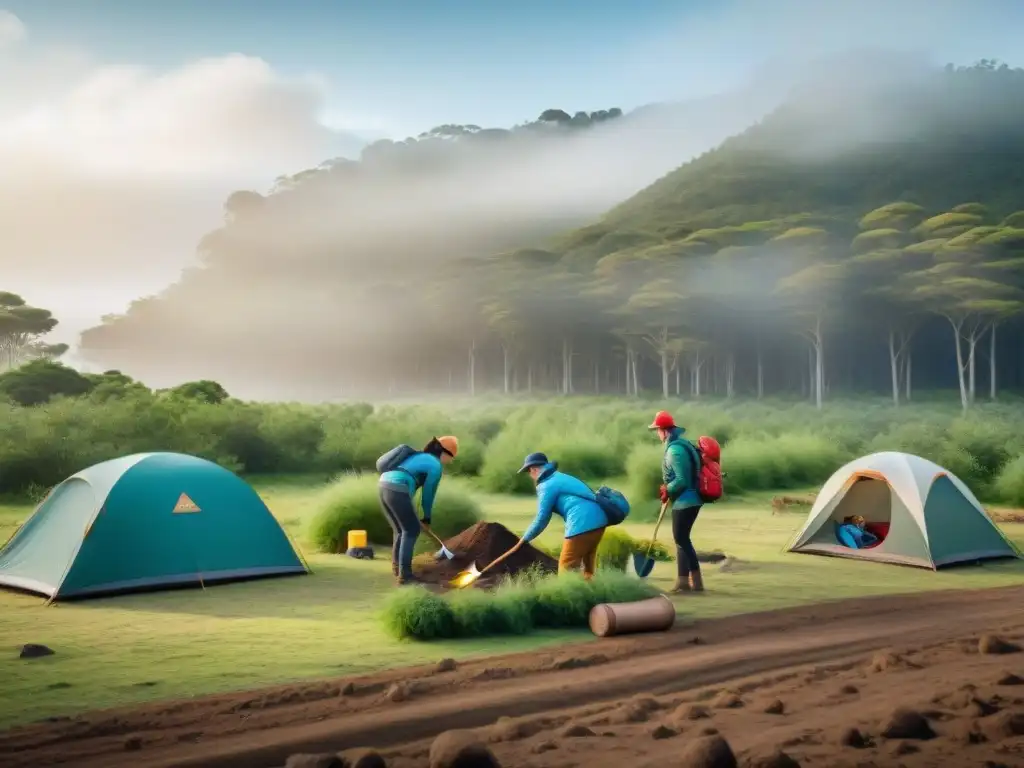 Un grupo diverso de campistas en Uruguay participando en una iniciativa de reforestación en un camping escénico