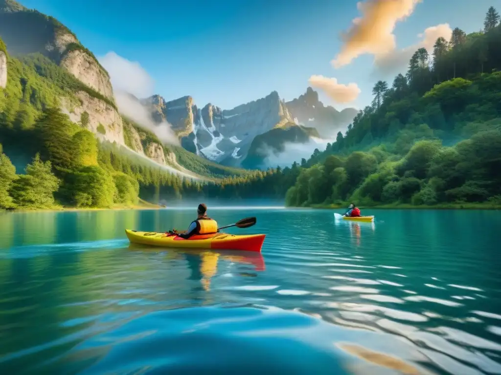 Un grupo diverso de campistas rema juntos en kayaks coloridos en un lago sereno rodeado de bosques verdes, con banderas vibrantes ondeando