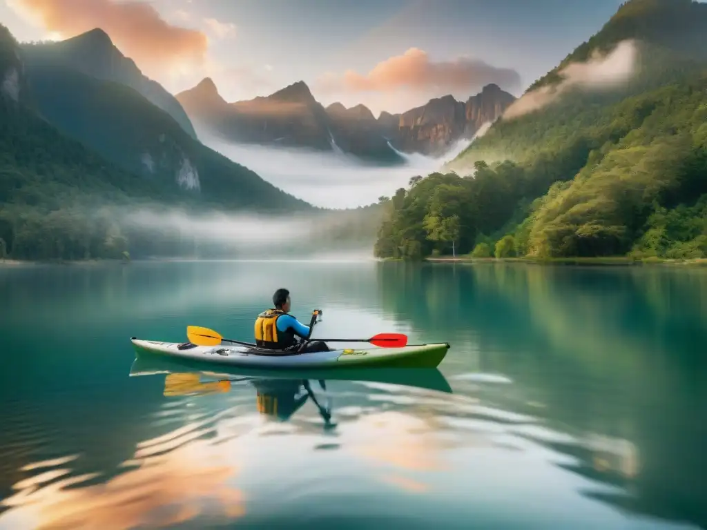 Grupo diverso de campistas remando kayaks coloridos en lago al amanecer, creando ambiente místico en campamento