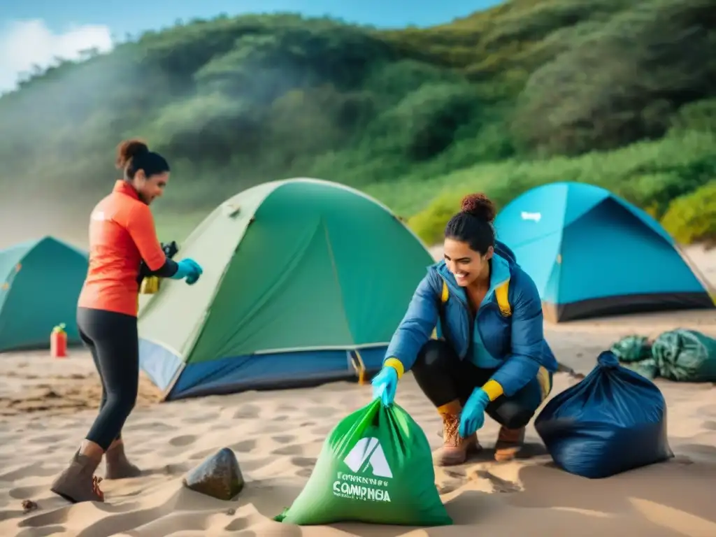 Un grupo diverso de campistas participando en la limpieza de playa en campamento ecológico en Uruguay