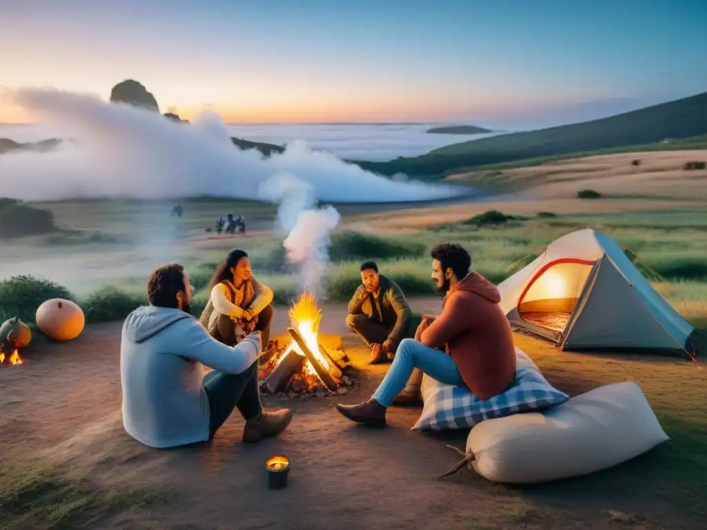 Grupo diverso de campistas compartiendo mate alrededor de fogata en camping de Uruguay al atardecer