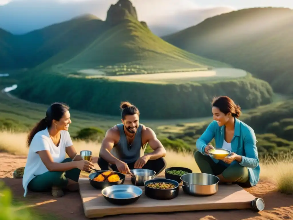 Grupo diverso de campistas en Uruguay cocinando con las mejores cocinas solares en un hermoso campamento rodeado de vegetación exuberante