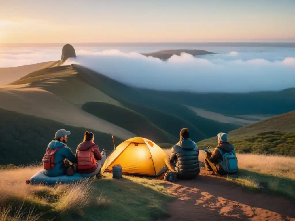 Grupo diverso de campistas en la naturaleza de Uruguay con habilidades de supervivencia al atardecer