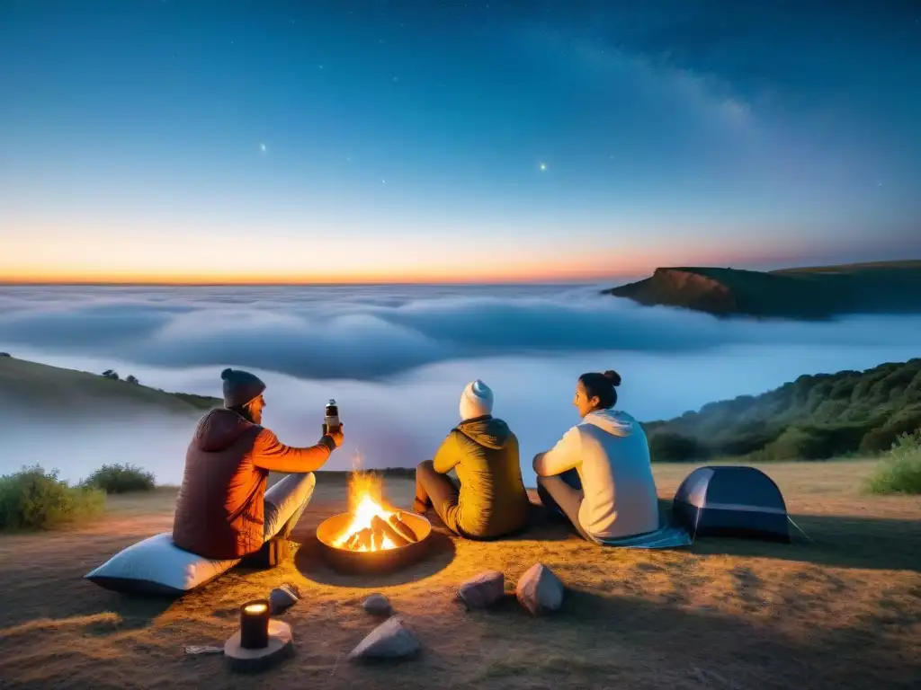 Un grupo diverso de campistas disfruta de una noche estrellada alrededor de una fogata, con neveras portátiles en Uruguay