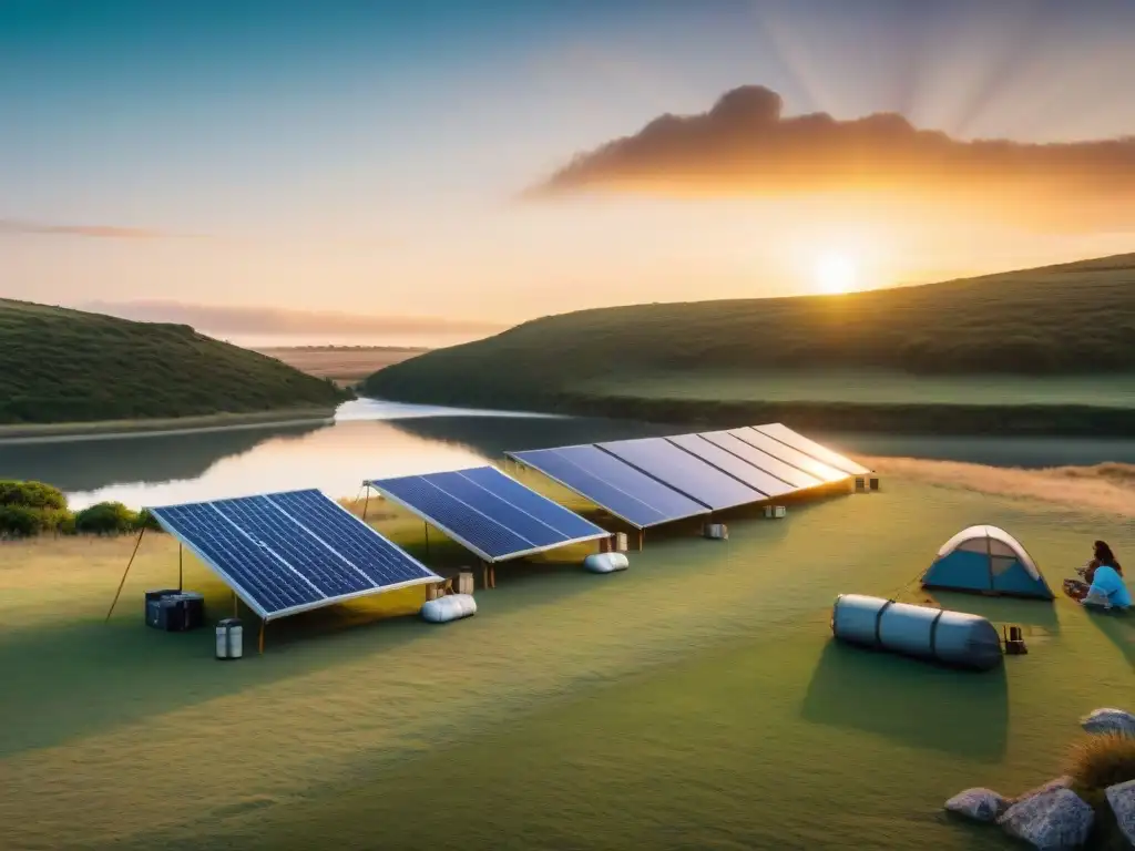 Grupo diverso de campistas en Uruguay montando paneles solares portátiles en campamento junto al río al atardecer