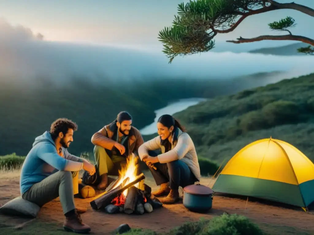 Grupo diverso de campistas en Uruguay practicando primeros auxilios y actividades al aire libre en la naturaleza