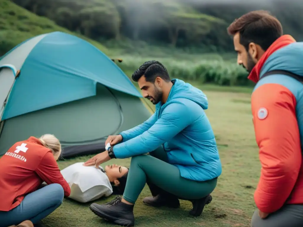 Grupo diverso de campistas aplicando primeros auxilios en camping de Uruguay