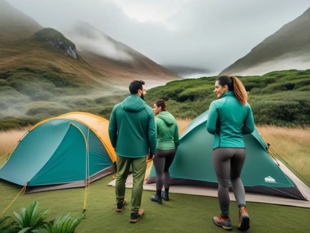 Grupo diverso de campistas en Uruguay con ropa técnica para clima variado, preparándose para acampar en un campamento verde