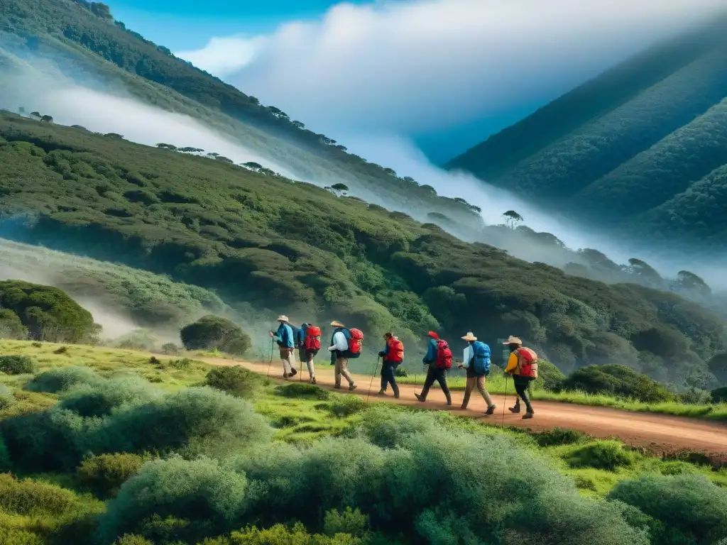 Grupo diverso de campistas en Uruguay practicando técnicas de orientación en la naturaleza, mostrando unión y trabajo en equipo