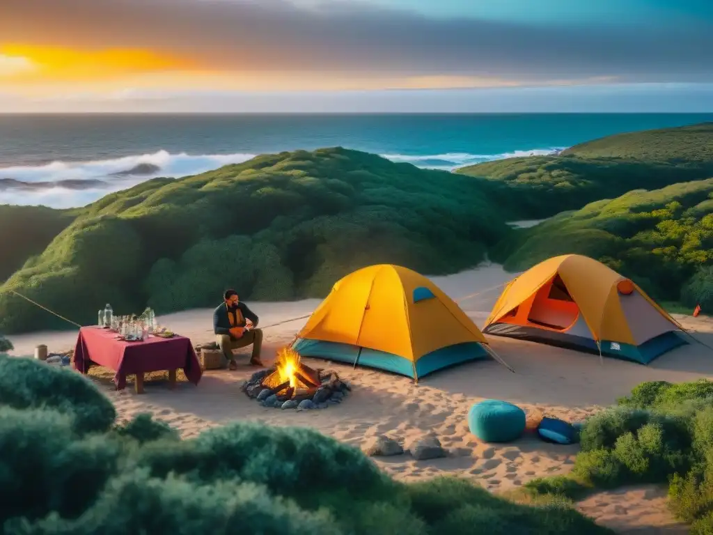 Un grupo diverso de campistas montando tiendas de colores en la costa de Uruguay al atardecer