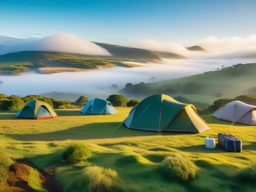 Grupo diverso de campistas armando tiendas en un camping uruguayo, reflejando la diversidad local