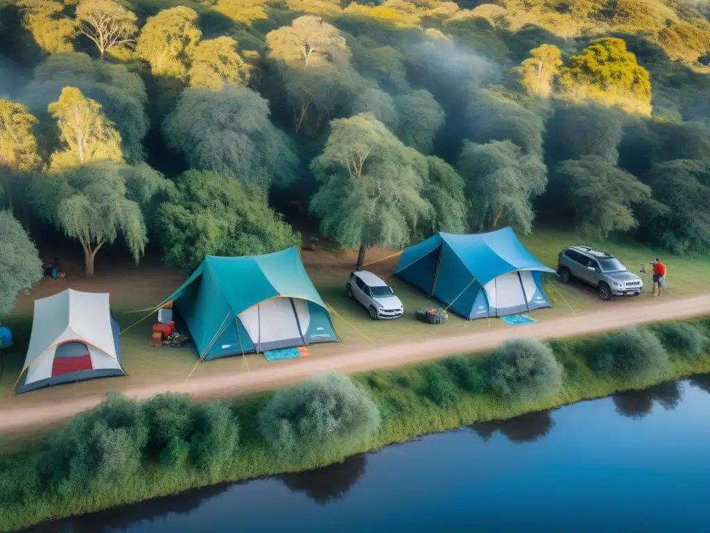 Un grupo diverso de campistas montando tiendas en un camping accesible en Uruguay, rodeados de naturaleza y camaradería