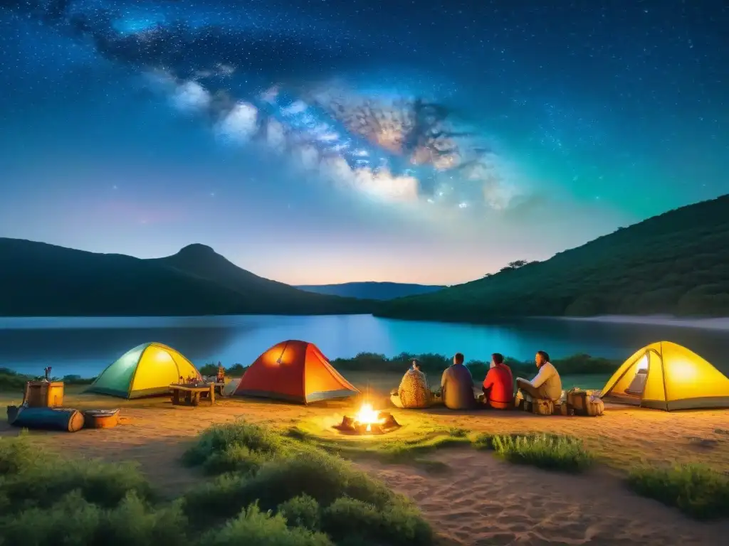 Un grupo diverso de campistas monta tiendas bajo un cielo estrellado en un camping en Uruguay, mostrando la cultura local de camping