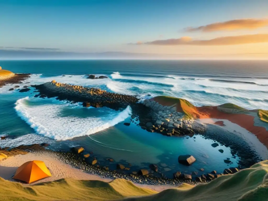 Grupo diverso de campistas montando tiendas en la costa de Punta del Diablo al atardecer, capturando la esencia del camping en Punta del Diablo