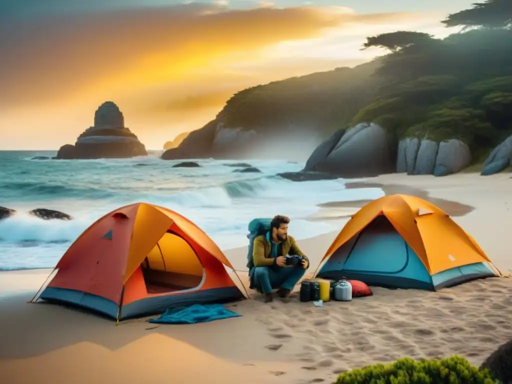 Grupo diverso de campistas armando tiendas coloridas al atardecer en playa de Uruguay