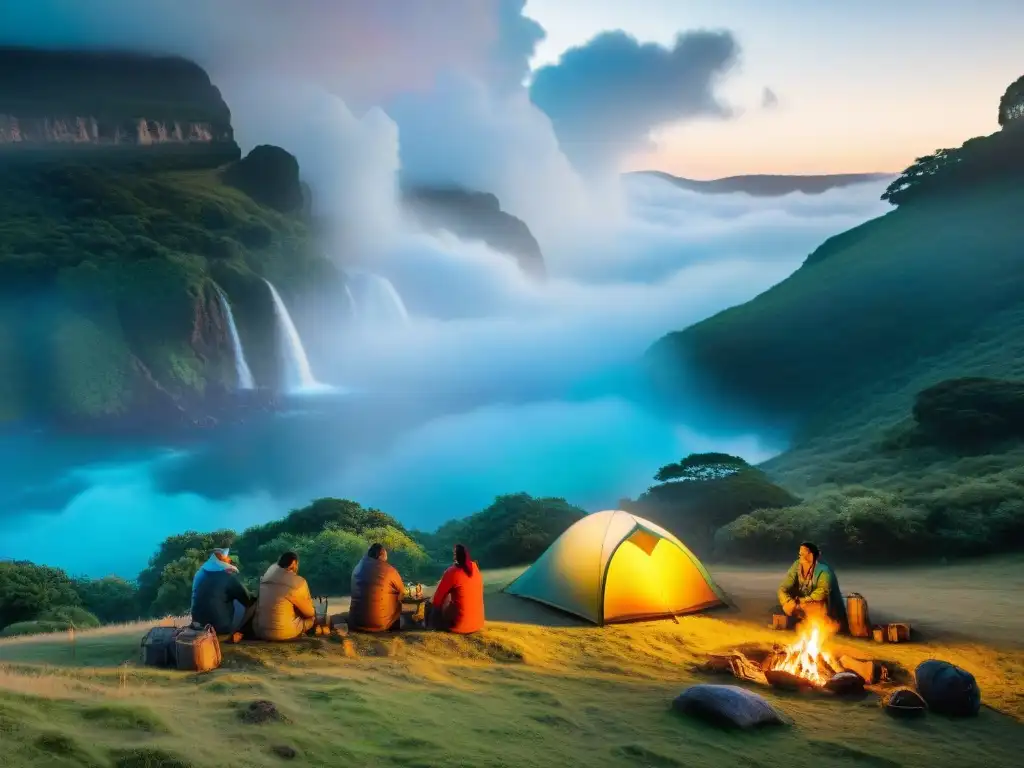 Grupo diverso de campistas uruguayos disfrutando del camping en comunidad, cocinando, explorando y armando carpas en la naturaleza exuberante