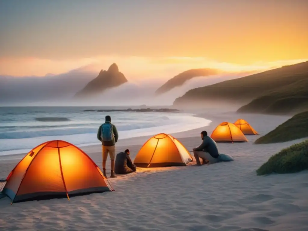 Grupo diverso de campistas uruguayos armando tiendas en la playa al atardecer