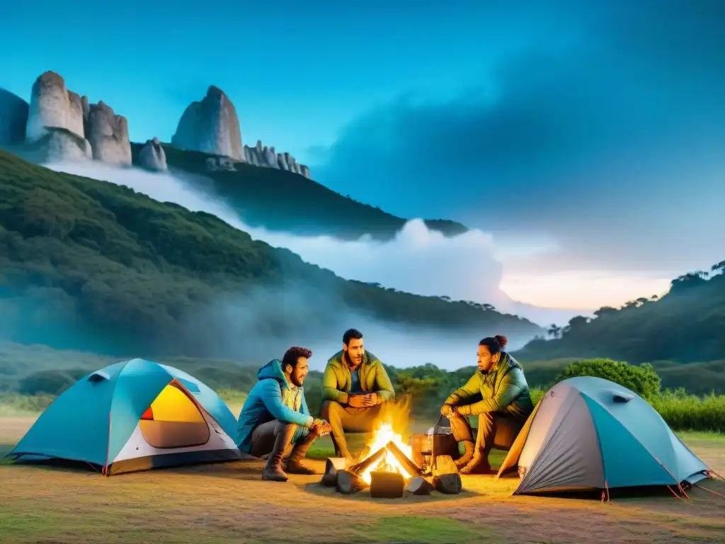 Un grupo diverso de campistas en Uruguay, vestidos con ropa técnica de alta calidad, montando tiendas en un bosque verde y cielo azul claro