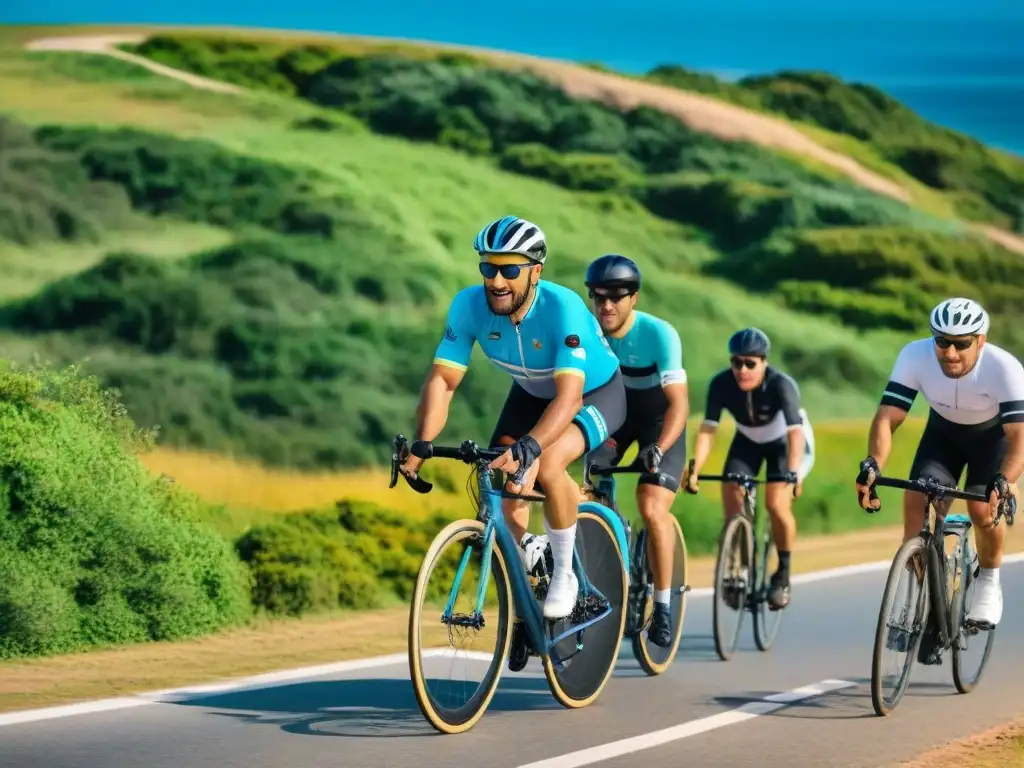 Un grupo diverso de ciclistas recorre la costa de Uruguay con un instructor, brindando consejos de ciclismo en un escenario pintoresco