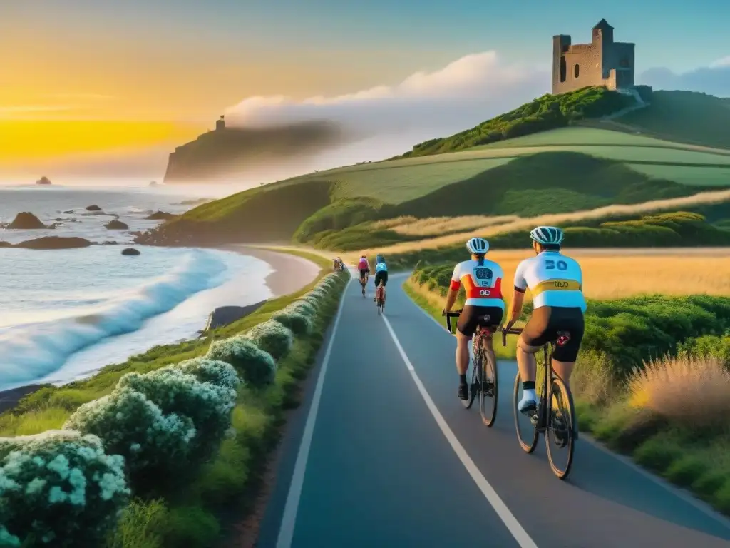 Un grupo diverso de ciclistas recorre la costa de Uruguay al atardecer, promoviendo el ciclismo sostenible en Uruguay