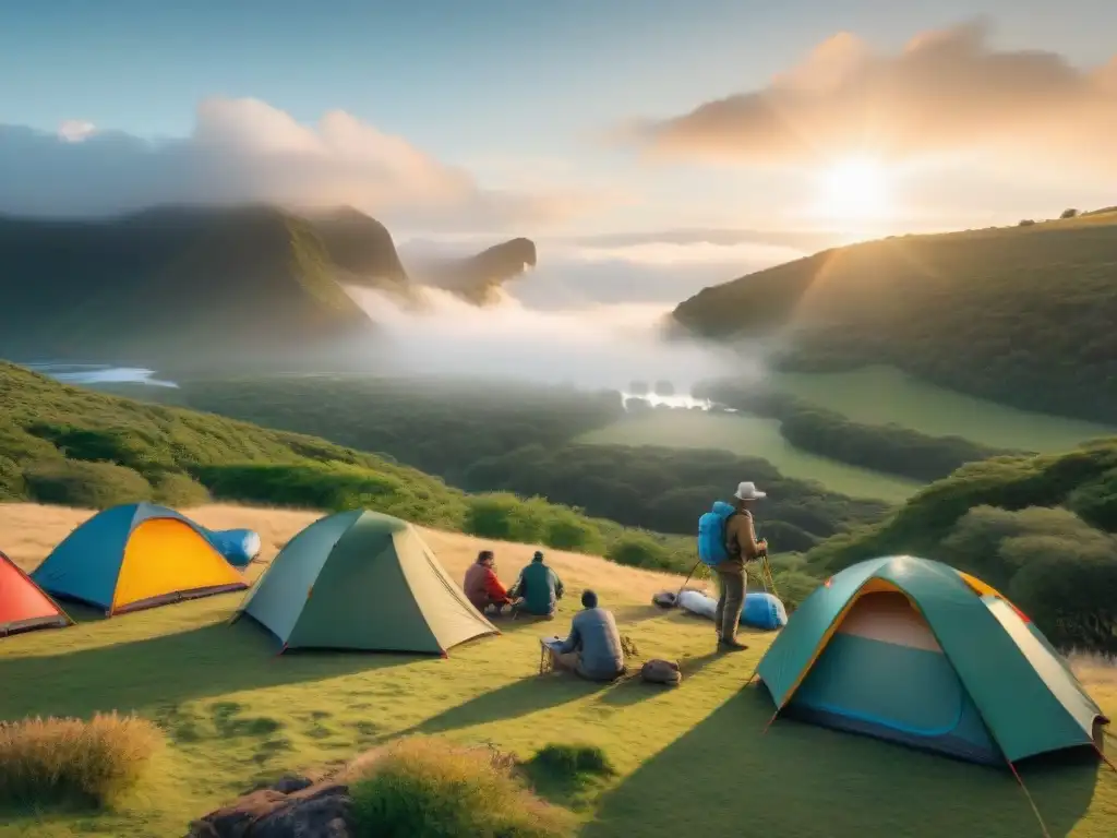 Un grupo diverso prepara coloridas tiendas de campaña en un campamento verde en Uruguay al atardecer