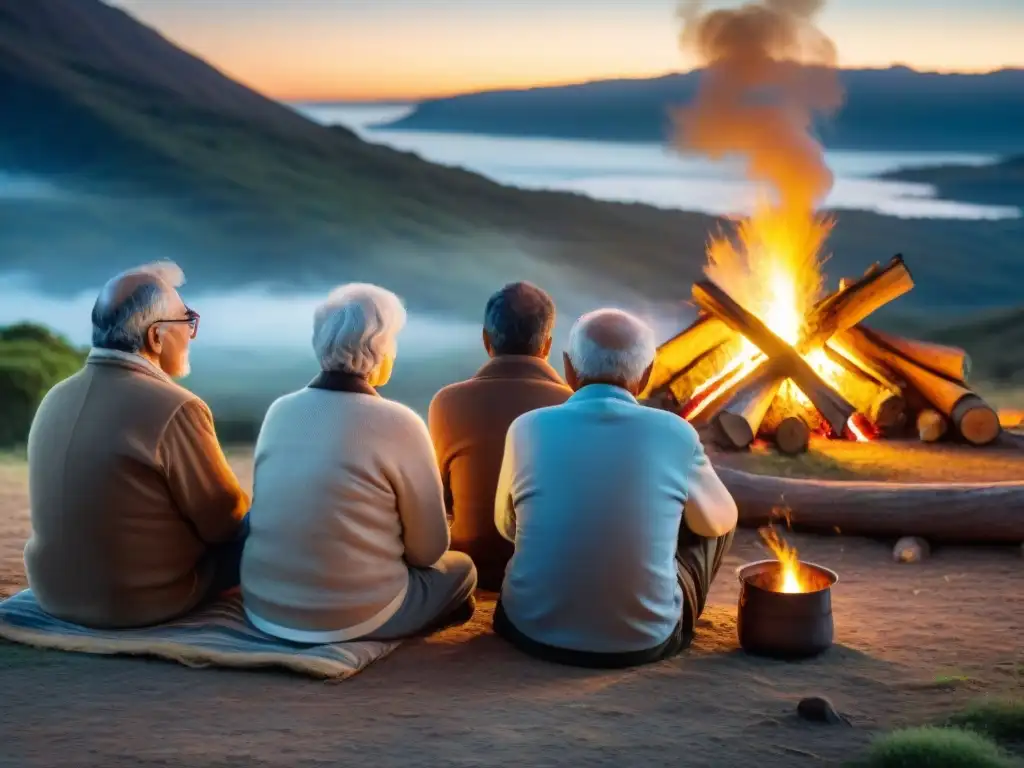 Grupo diverso escucha cuentos alrededor de fogata en tradicional camping uruguayo