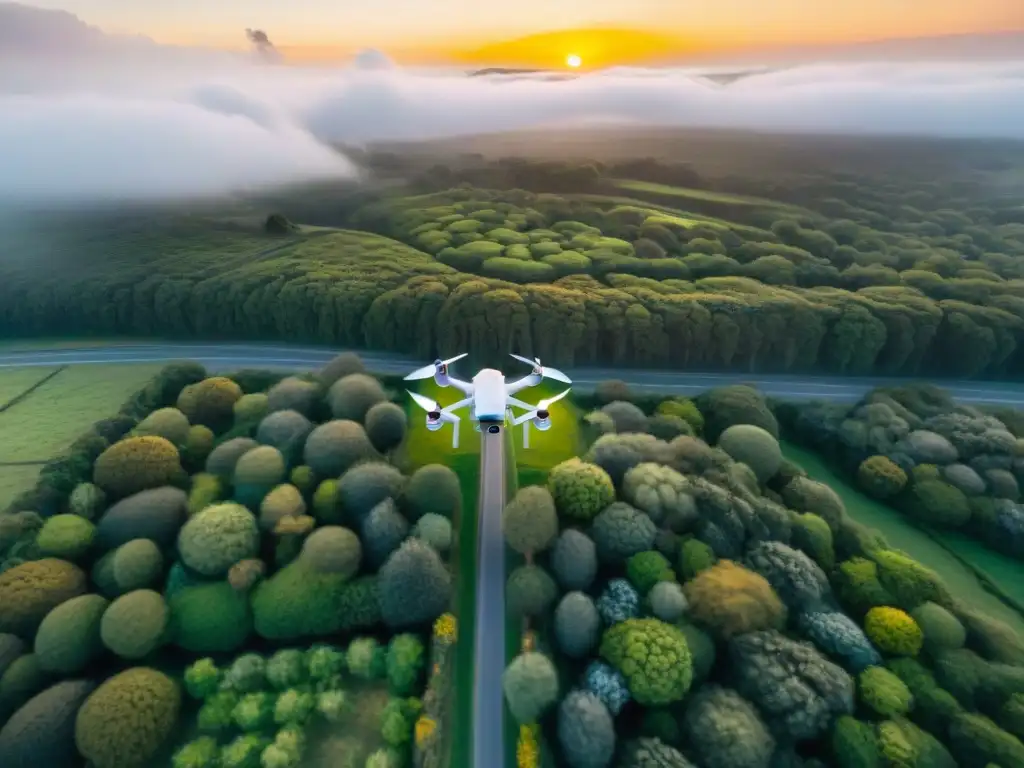 Un grupo diverso de drones vuela sobre paisajes de Uruguay, mostrando la belleza de la tecnología dron en la naturaleza al atardecer