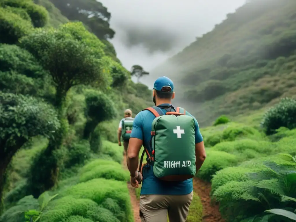 Un grupo diverso de excursionistas en Uruguay con kit primeros auxilios camping Uruguay atendiendo una lesión en el bosque