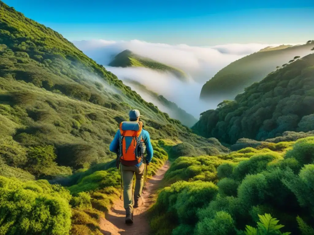 Grupo diverso de excursionistas en rutas de senderismo y camping en Uruguay, entre bosques verdes, con mochilas coloridas