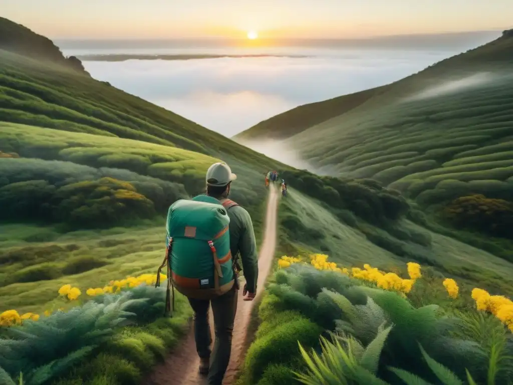 Un grupo diverso de exploradores con mochilas técnicas para camping en Uruguay, cruzando arroyos al atardecer en paisajes exuberantes