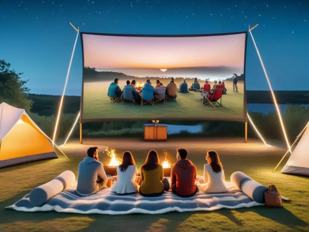 Un grupo diverso disfruta de un festival de cine en camping bajo el cielo estrellado de Uruguay