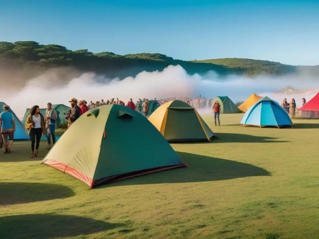 Grupo diverso disfruta de festival ecológico en Uruguay: reciclaje, talleres y diversión en camping sostenible