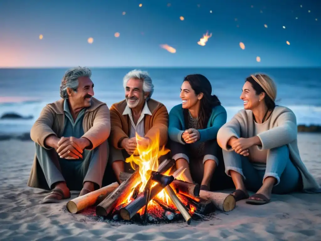 Grupo diverso disfruta de fogata en la playa de Uruguay, reflejando orígenes de la fogata en Uruguay