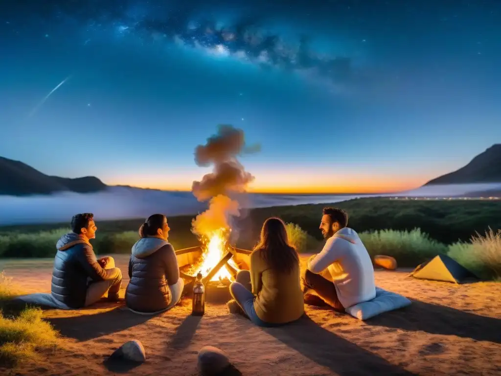 Un grupo diverso escucha historias alrededor de una fogata en un camping uruguayo