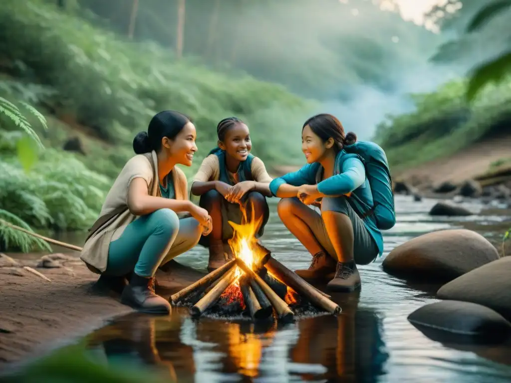 Grupo diverso de niños aprendiendo consejos de supervivencia en la naturaleza