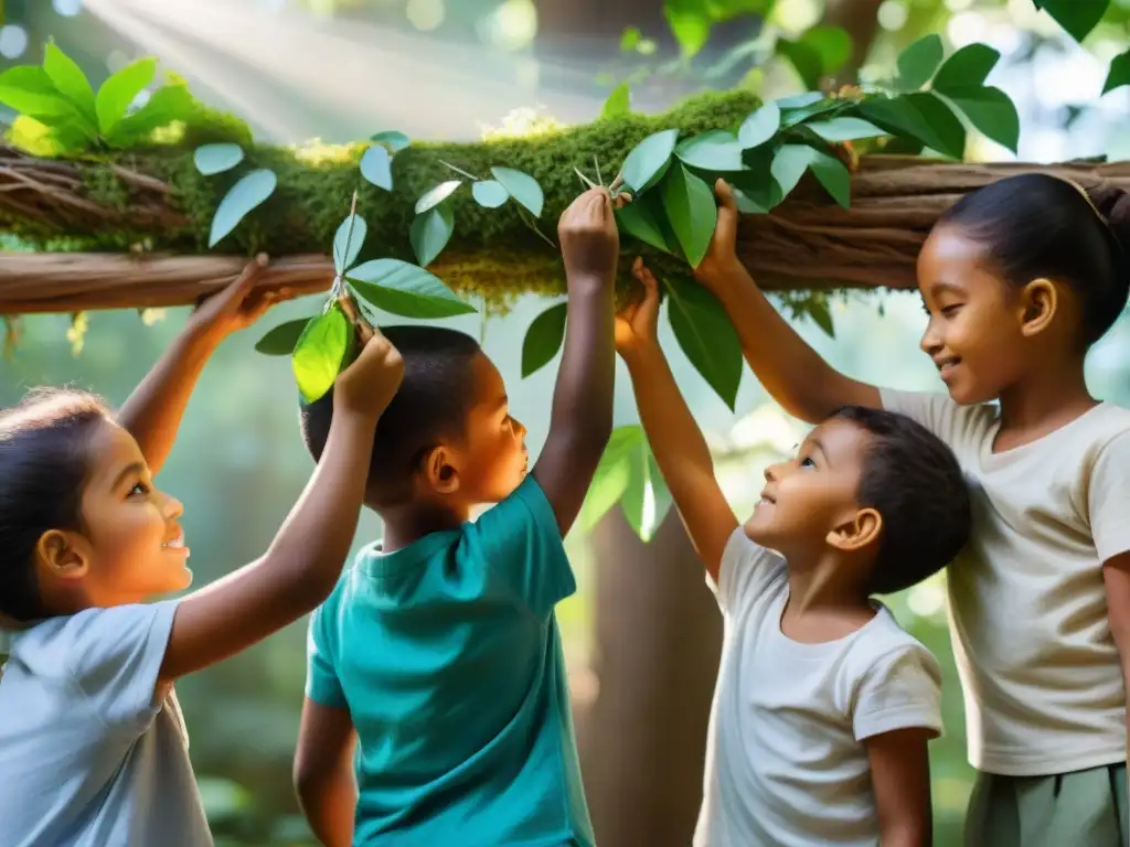 Grupo diverso de niños construyendo juntos una cabaña en el bosque, mostrando creatividad y trabajo en equipo