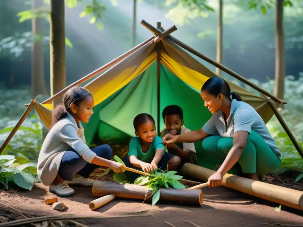 Un grupo diverso de niños construye un refugio en el bosque, disfrutando de actividades educativas divertidas