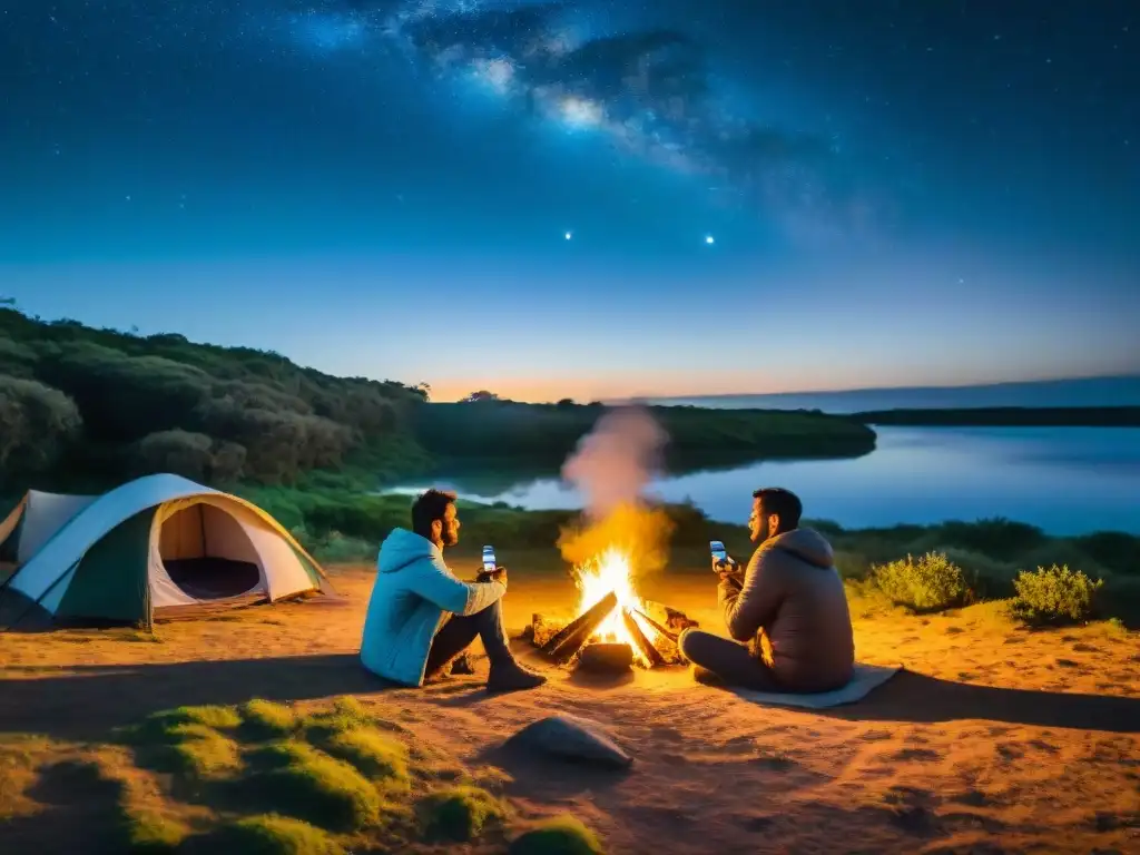 Grupo diverso disfruta de noches de desconexión digital en Uruguay alrededor de fogata bajo cielo estrellado