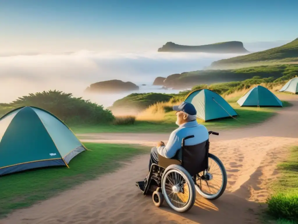 Un grupo diverso de personas con discapacidades disfruta de un camping accesible en Uruguay, transmitiendo comunidad y alegría