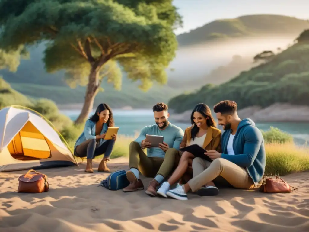 Grupo diverso lee reseñas campings Uruguay en tablet al atardecer, creando ambiente de camaradería y aventura