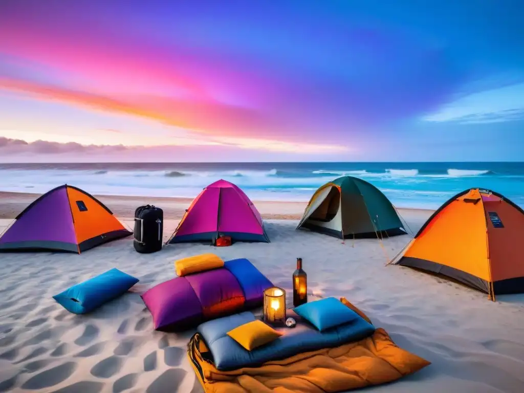 Grupo diverso de viajeros montando un campamento en las costas de Uruguay al atardecer, con un cielo colorido