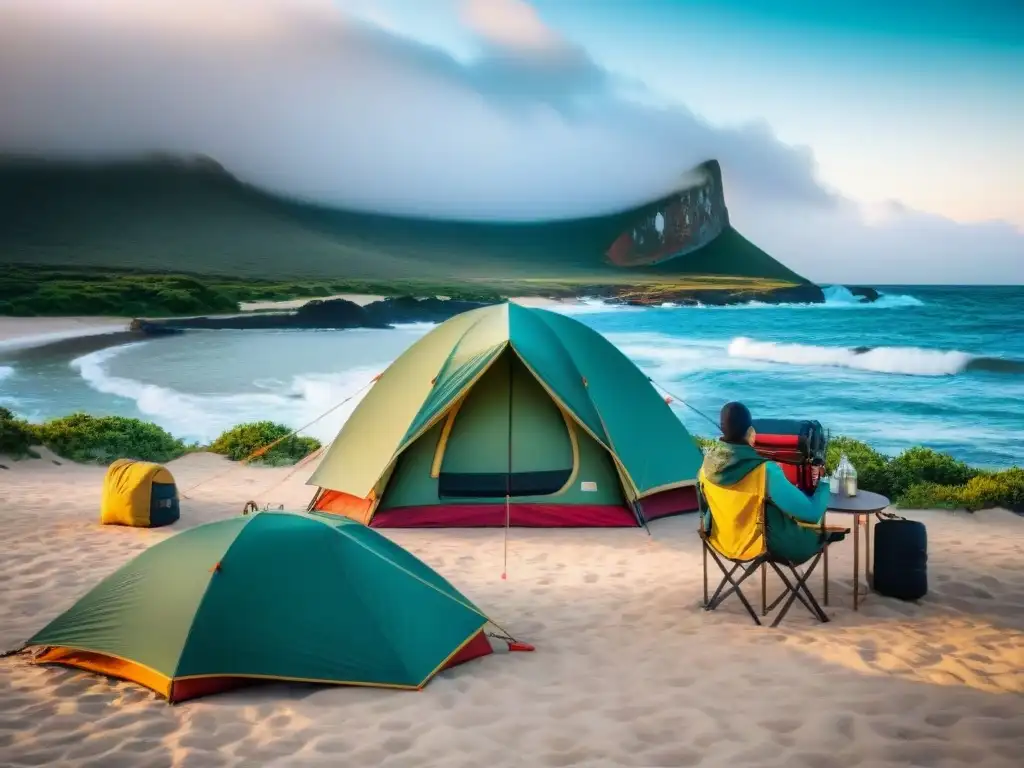 Grupo diverso de viajeros montando un campamento económico en la playa de Uruguay