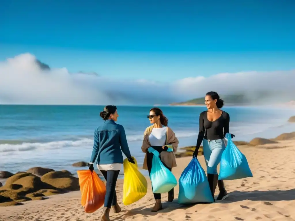 Un grupo diverso de viajeros se une en una limpieza de playa en Uruguay, mostrando compromiso con el turismo responsable y la conservación ambiental