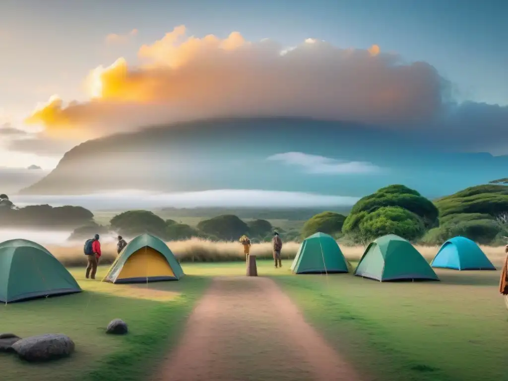 Un grupo diverso de viajeros monta tiendas ecológicas en un camping en Uruguay al atardecer, con una guía local compartiendo historias indígenas