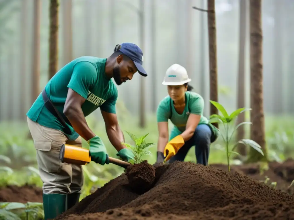 Grupo diverso de voluntarios plantando árboles en el bosque