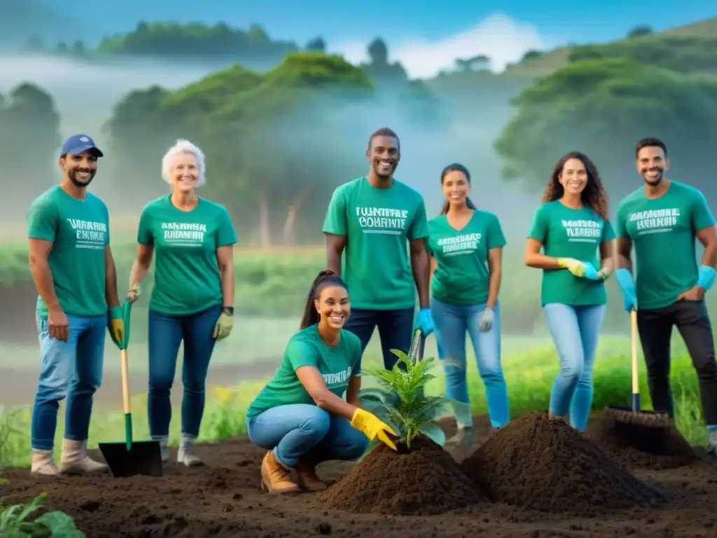 Un grupo diverso de voluntarios planta árboles y limpia un campamento en Uruguay